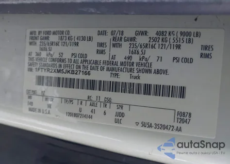 2018 Ford Transit-250 из США, поврежденный, VIN 1FTYR2XM5JKB27166